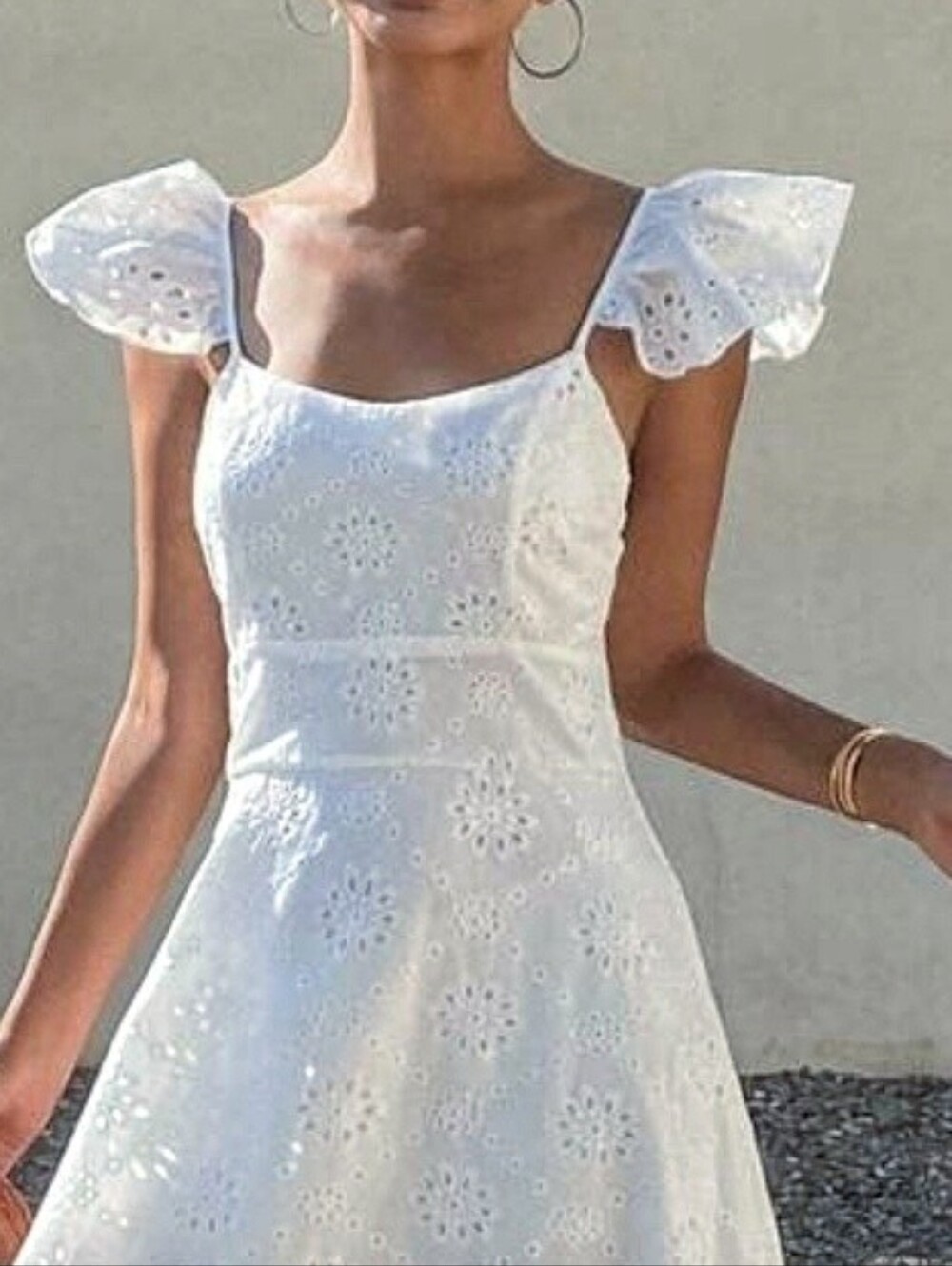 New Embroidered Eyelet Lace Ruffle Sleeve Cami Maxi Dress White - Picture 4 of 9